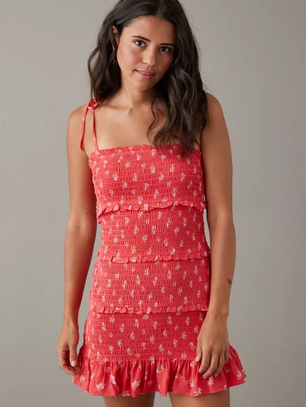 American Eagle Coral Pink Floral Smocked Mini Dress Size Small